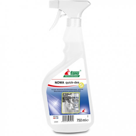 NOWA QUICK-DES 10 X 750 ML Средство для быстрой дезинфекции поверхностей NOWA QUICK-DES - спиртовой спрей точечного применения для эффективной и быстрой дезинфекции широкого спектра действия. Бактерицидно, леворуцидно и ограниченно вируцидно. Средство является профессиональным и активно используется в учреждениях здравоохранения, на предприятиях пищевой промышленности, в индустрии гостеприимства и ресторанном бизнесе, в сфере клининга. Не содержит хлор, альдегиды и фенол. Продукту присвоена спец